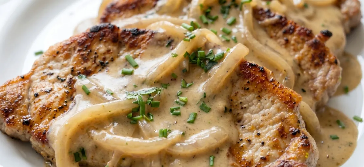 Receta de bife de cerdo con crema de cebolla, rápida y fácil