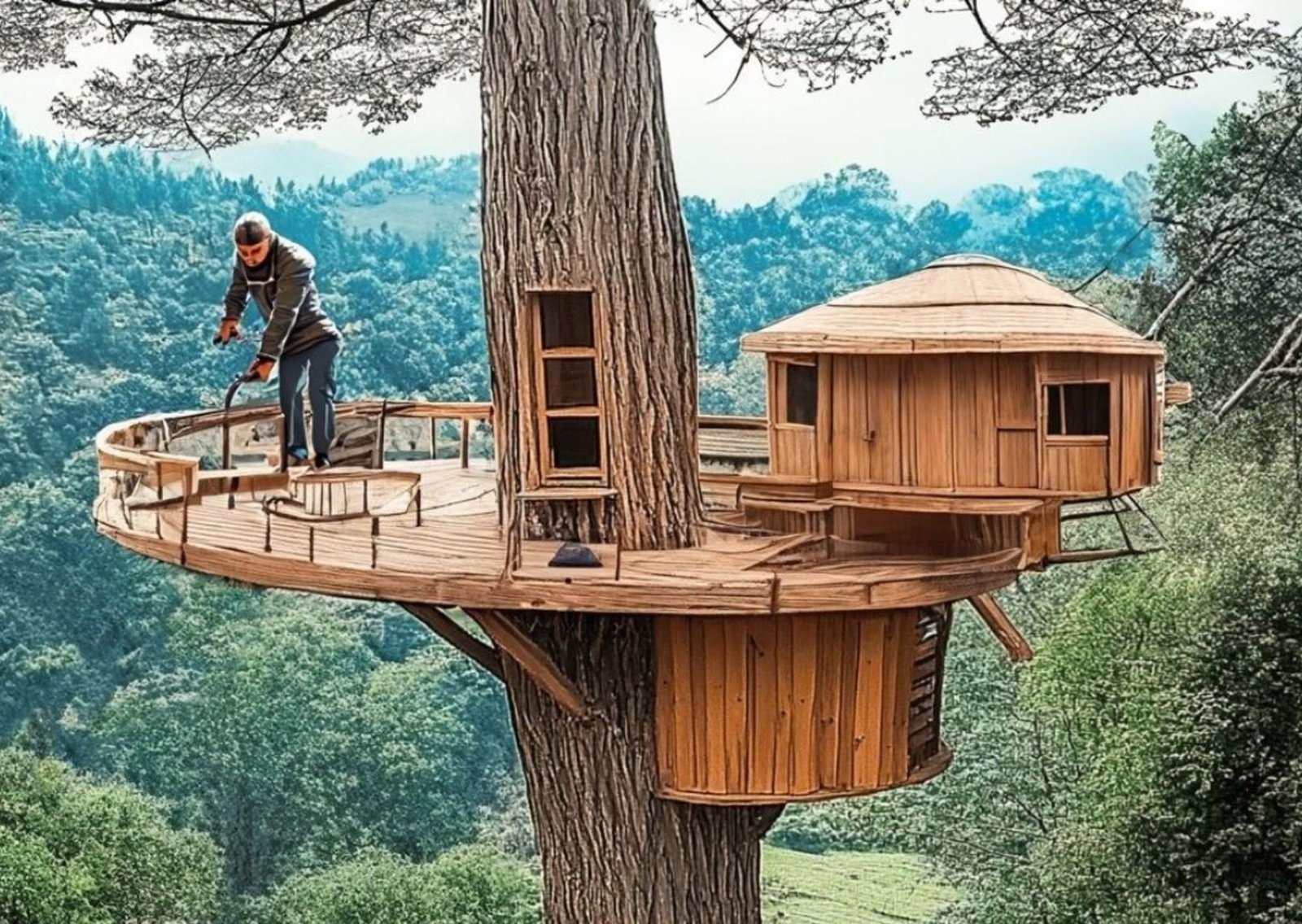 Construyó una casa en el árbol completa desde cero, en medio del bosque: una estructura gigante hecha solo de madera, soportes de acero, una escalera de caracol y un acabado de lujo